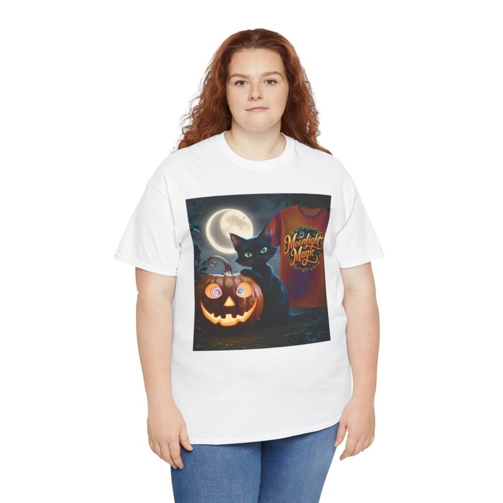 Woman wearing Women’s Halloween Black Cat Tee, spooky season graphic shirt, casual cotton apparel by ARVVE Motion