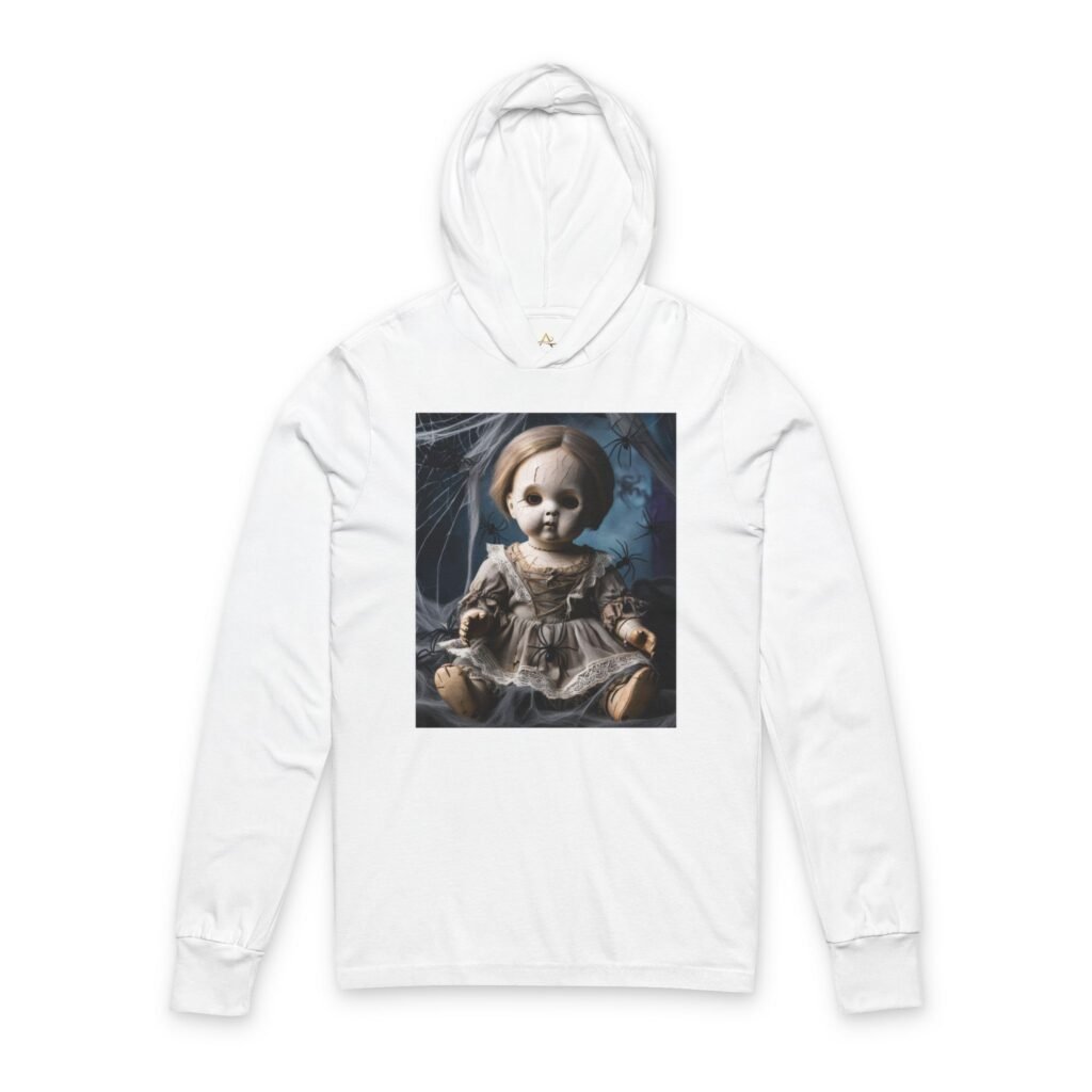 Woman’s Spooky Vintage Doll Hoodie, graphic long sleeve top, ghostly apparel by ARVVE Motion